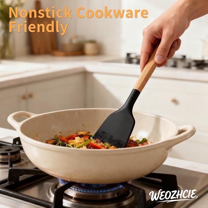 Silicone Cooking Utensil Set,12 PCS Cooking Cookware Kitchen Utensils Set for Cooking, Nonstick 446°F Heat-Resistant Cookware Kitchen Tools of Spoon,Brush,Whisk,Spatula,Turner Tongs (Black)
