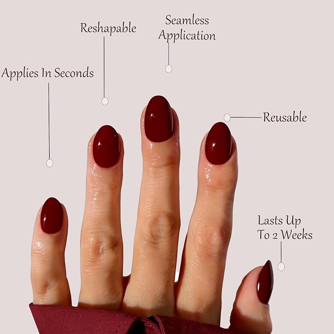 Dark Red Short Press On Nails, Oval Fake Nails with Nail Glue | Short Oval Fake Nails, Apply Protective UV coating,Salon Quality Nails in 12 Sizes - 24 Nail Kit with Glue