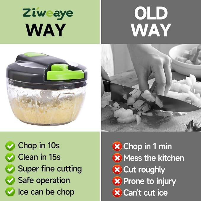 Manual Food Processor Vegetable Chopper, Portable Hand Pull String Garlic Mincer Onion Cutter for Veggies, Ginger, Fruits, Nuts, Herbs, etc., 500ml,（Gray-green）