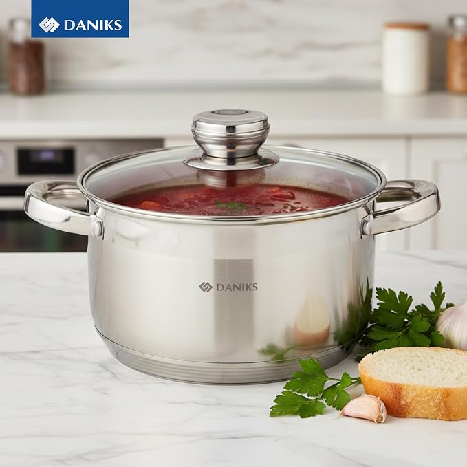 Daniks Standard 4 Quart Stainless Steel Stock Pot with Glass Lid, Tri-Ply Bottom for Even Heating, Induction Compatible, Dishwasher Safe, Built-In Measuring Scale, Silver
