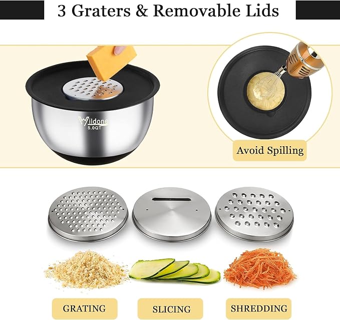 Wildone Mixing Bowls with Airtight Lids, Stainless Steel Mixing Bowls Set | Metal Bowls with 3 Grater Attachments & Non-Slip Bottoms, Size 5, 4, 3, 2,1.5, 0.63QT, Includes Utensil Set for Prep, Black