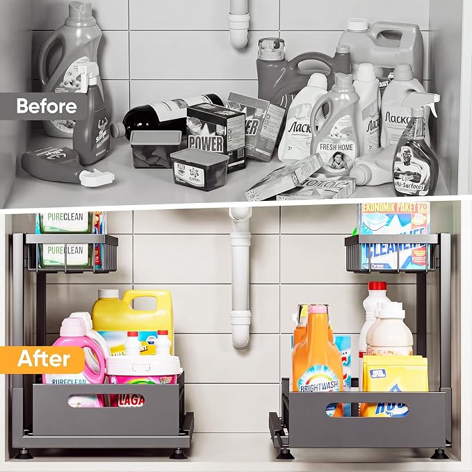 2-Pack L-Shaped Under Sink Organizer, 2-Tier Pull-out Cabinet Rack | Black Height-Adjustable Steel Rack, Sliding Grid Drawers with PP Liners, Holds 100 Lbs, Suction Base, Ideal Kitchen Storage