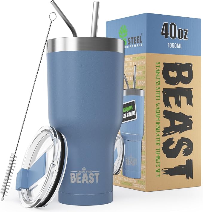 Beast 40 oz tumbler - Vacuum Insulated Tumbler with Straw - Leak Proof Stainless Steel Travel Mug - Double Wall Iced Coffee Cup - Reusable Water Bottle - Gifts for Mom, Women and Men (Stormy Sky Blue)