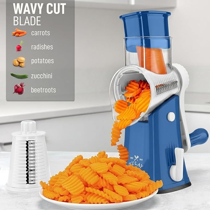 Zulay Kitchen Rotary Cheese Grater 5 Blade Cheese Shredder - Manual Hand Crank Cheese Grater With Reinforced Suction & 5 Interchangeable Drums - Easy to Use, Vegetable Chopper Round Mandoline Slicer