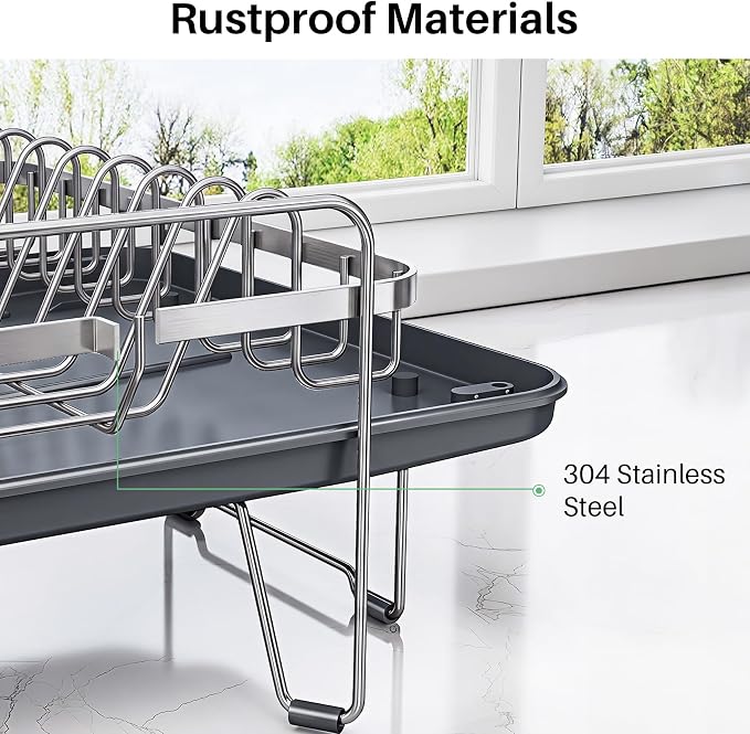 Stainless Steel Dish Drying Rack for Kitchen Counter, Expandable, Silver | Stainless Steel Dish Drainer, Adjustable Length 18.9''-29.3'', Automatic Drainage, 360° Spout, Cutlery Holder with Knife Slot