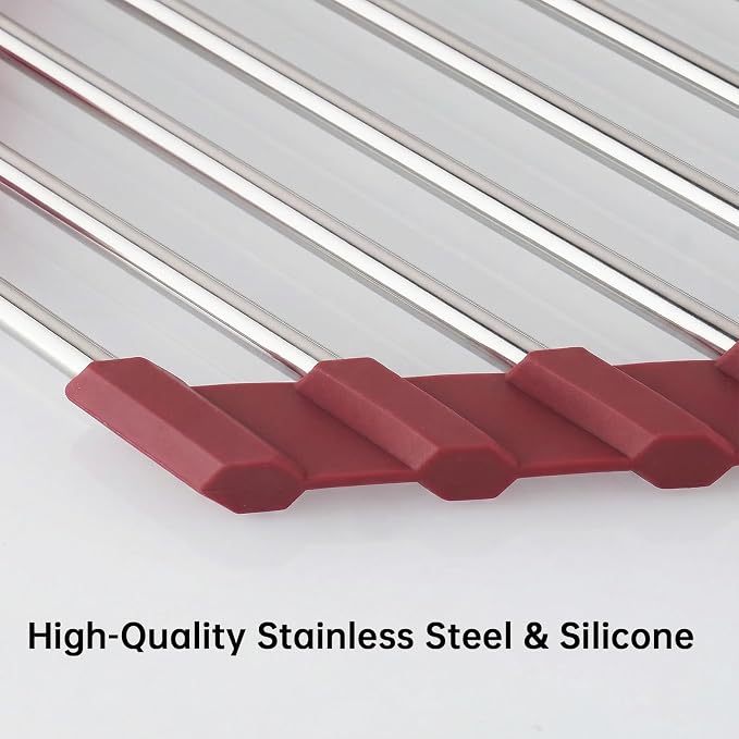 Tomorotec Triangle Roll Up Dish Drying Rack 304 Stainless Steel Wine Red | BPA-Free Food-Grade Silicone Edges Foldable Waterproof Rustproof Heavy-Duty Space Saver Heat Resistant to 550°F