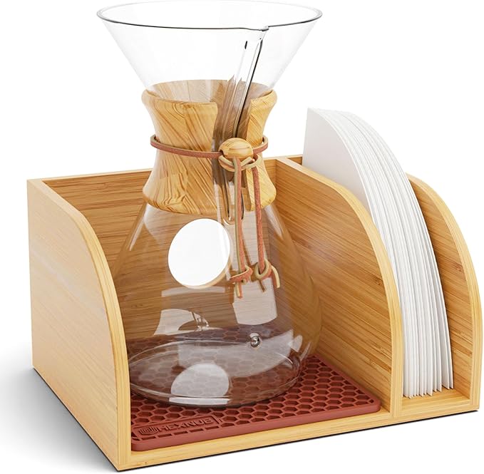 Pour Over Caddy for Chemex Bodum Cosori Coffee Makers Brown | Handmade Bamboo Stand, Filter Holder, Heatproof Mat for a Cleaner Coffee Station