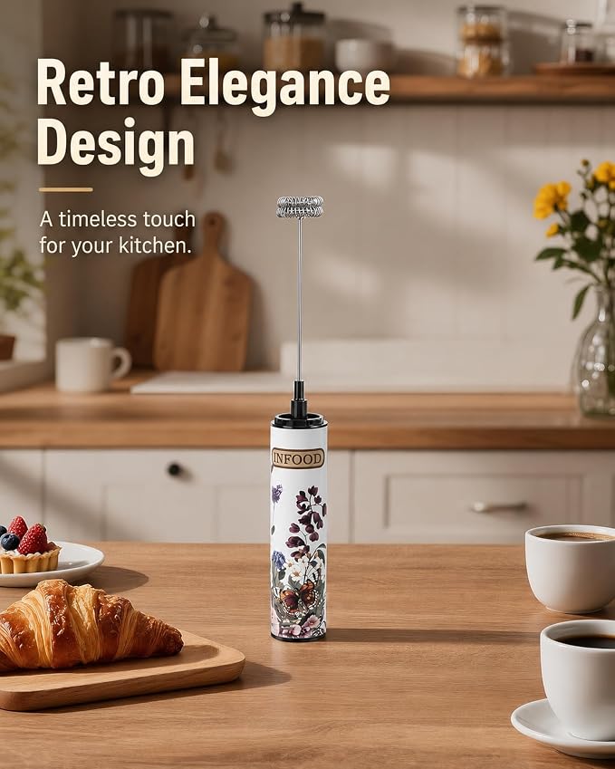 INFOOD Rechargeable Milk Frother with Cover, 2-Speed, 2 Whisks, Floral | Stainless Steel Body and 2 Detachable Whisks, Floral Design, for Lattes, Cappuccinos, Hot Chocolate, and Egg Whites