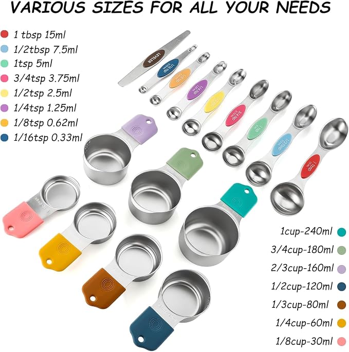 Measuring Cup and Spoon Set Stainless Steel Includes 7 Stackable Measuring Cups 8 Double-Sided Magnetic Measuring Spoons, 1 Level Meter for Dry and Liquid Ingredients