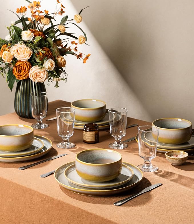 Ceramic Dinnerware Set for 8, 24-Piece Plates and Bowls Set | Handmade Reactive Glaze Dish Set, Scratch Resistant, Oven & Microwave & Dishwasher Safe, Autumn Haze