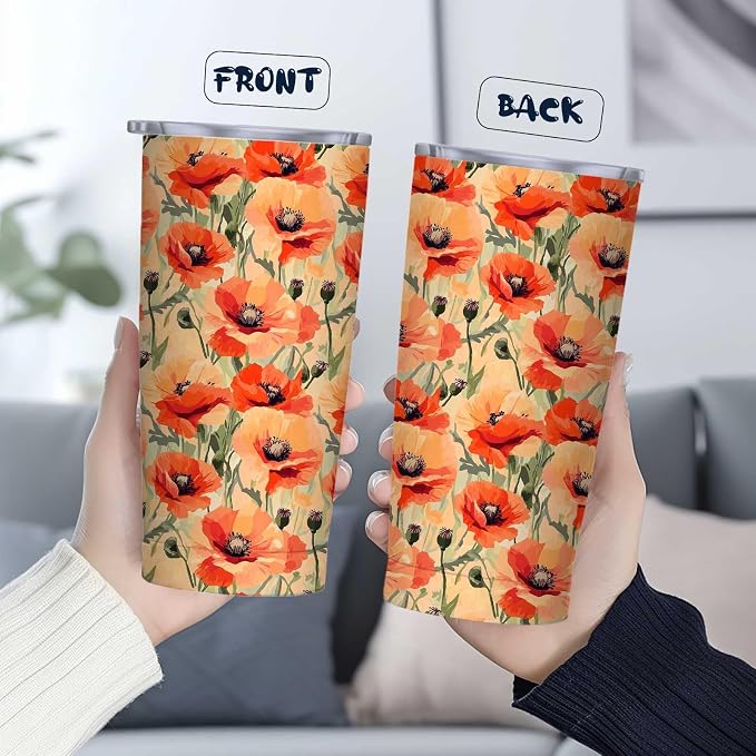Orange Poppy Floral Tumbler 20 oz Stainless Steel Insulated Travel Mug with Lid and Straw, Flower Coffee Tumbler Cup for Hot Cold Drinks, Botanical Floral Gifts for Women