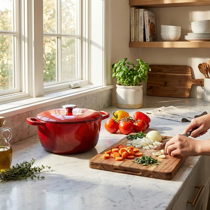 7QT Enameled Cast Iron Dutch Oven,Concave Self-Basting Lid,Red | Versatile,heavy-duty Large Dutch oven,PFAS-free,oven safe to 500°F,sourdough,braising/stews/roasting,Housewarming Gift
