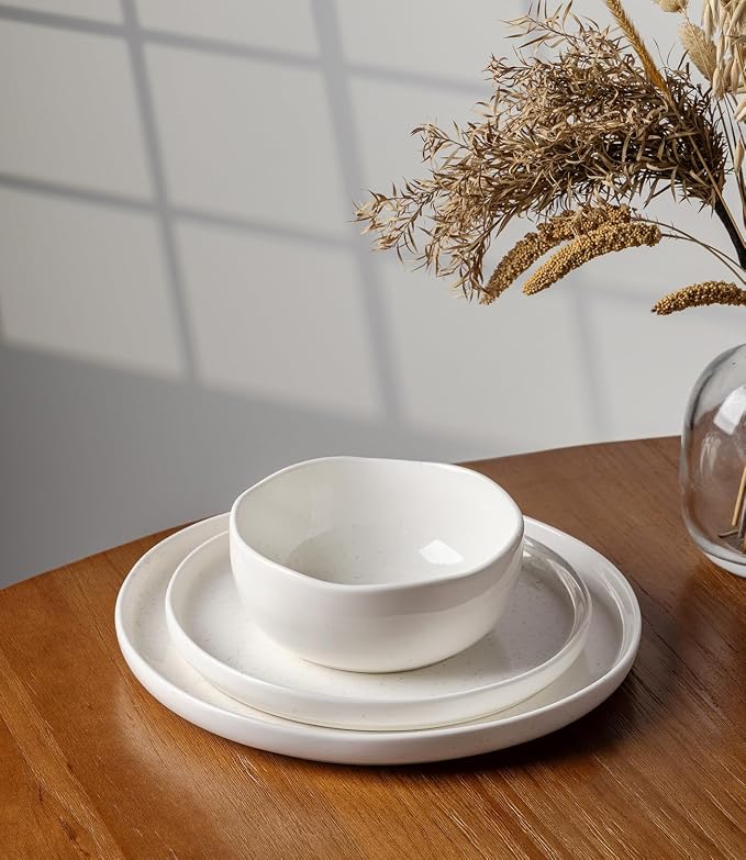 Ceramic Dinnerware Set for 4, 12-Piece Plates and Bowls Set | Handmade Reactive Glaze Dish Set, Scratch Resistant, Oven & Microwave & Dishwasher Safe, White Speckled
