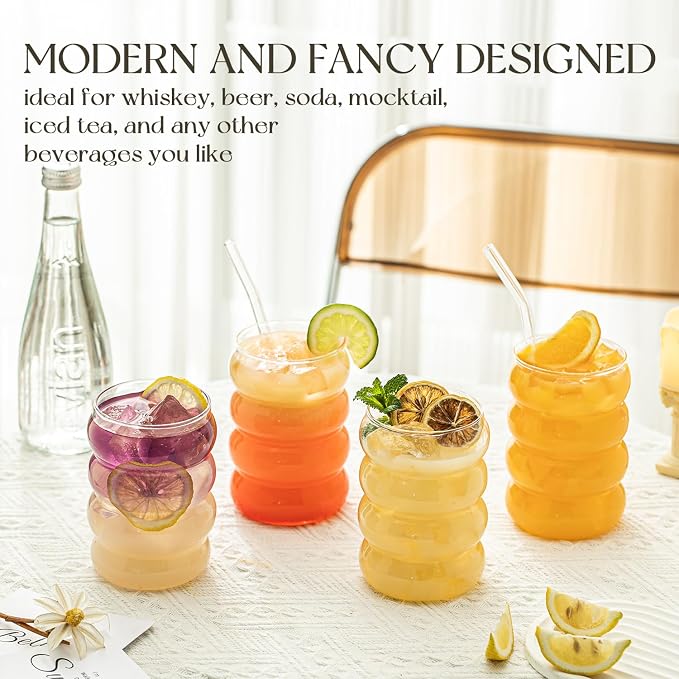 KEMORELA 18oz Wave Shape Beverage Glasses With Straws,Vintage Glass Cups Wine Mugs Set, Ripple Drinking Glasses,for Juice Beer Wine Champagne Cocktail Home Kitchen Bar Mixed Drinks (4PCS)