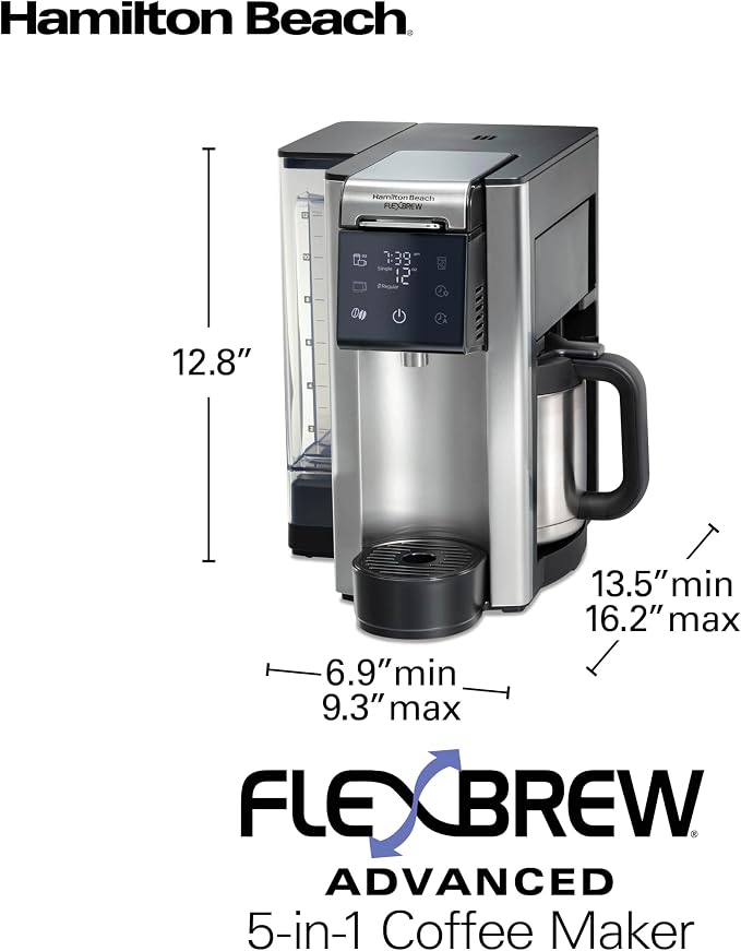 Hamilton Beach Flexbrew Advanced 5-in-1 Drip & Single Serve Coffee Maker | Single Serve Hot & Iced Coffee Maker | 12 Cup Thermal Programmable Drip Coffee Maker | Removable 60 oz. Reservoir | Black
