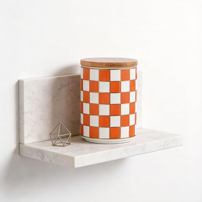 Kitchen Countertop Ceramic Checkered Canisters,Black And White Food Storage Containers With Lid,Airtight Kitchen Canisters for Flour, Sugar, Coffee, Tea, and Dry Goods (Orange, Small)