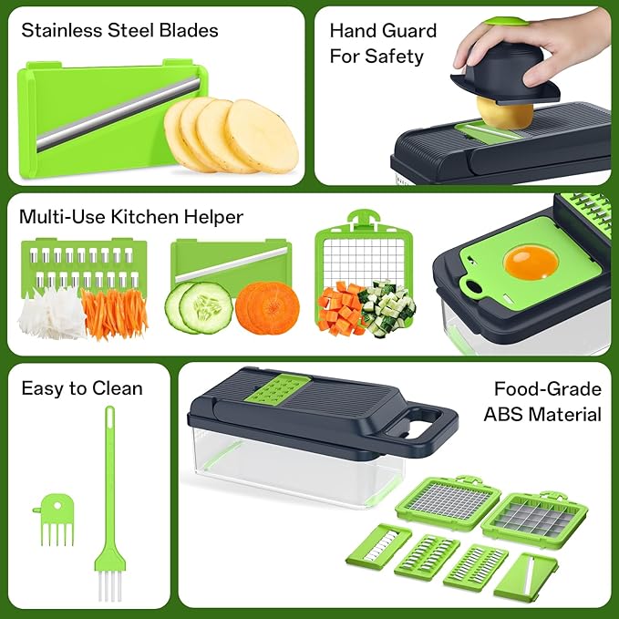 HomeHacks Veggie Chopper Vegetable Cutter, 12 in 1 Kitchen Gadget, Green | Dicer, Slicer, Cutter, Slap Chop, Cheese Grater & Egg Separator - Multi-Functional Salad Fruit Onion Chopper with Container