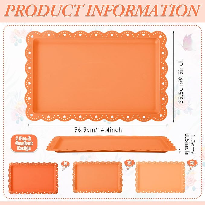 3 Pcs Orange Serving Trays Plastic Platters Dessert Cupcake Holder Party Supplies 14.4 x 9.3 Inches Rectangular Cookie Snack Display Tray for Wedding Restaurant