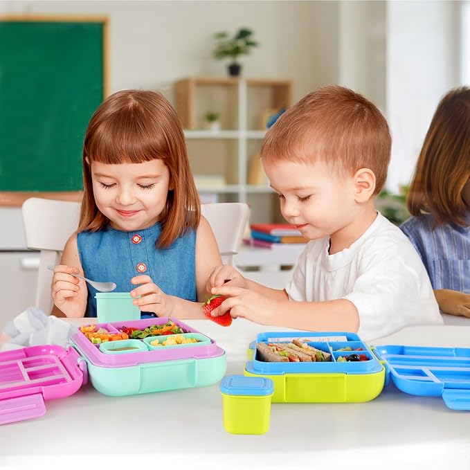 Caperci Bento Box for Kids Age 4-8 - 4.8 Cups Lunch Box with 2 Modular Containers - 4 Compartments Lunch Container, Leak-Proof, Portable Handle, Microwave/Dishwasher Safe (Blue/Juicy Pear)