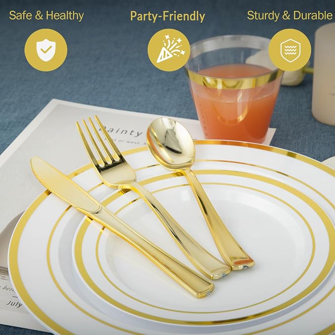 600PCS White and Gold Plastic Plates, Disposable Dinnerware Set | 100 Dinner & Dessert Plates, Forks, Spoons, Knives, Cups, Heavy Duty, Gold Rim, 100 Guest, for Wedding Birthday Party
