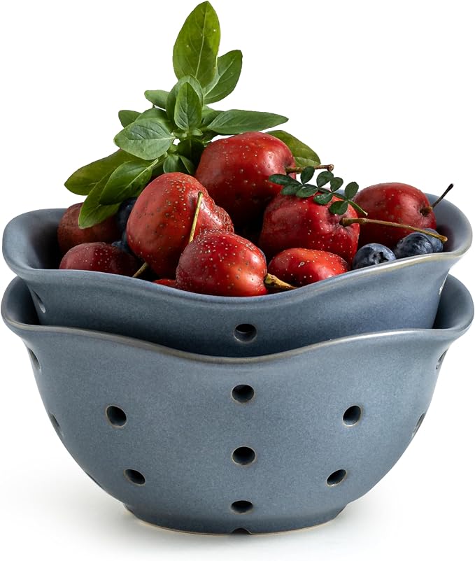 Gomakren Ceramic Berry Basket Set of 2, Elegant Fruit Bowl with Holes for Kitchen Counter, 6 Inch, Berries, Strawberry, Grape, Cherry, Floral Shape, Slate Blue, Dishwasher Safe