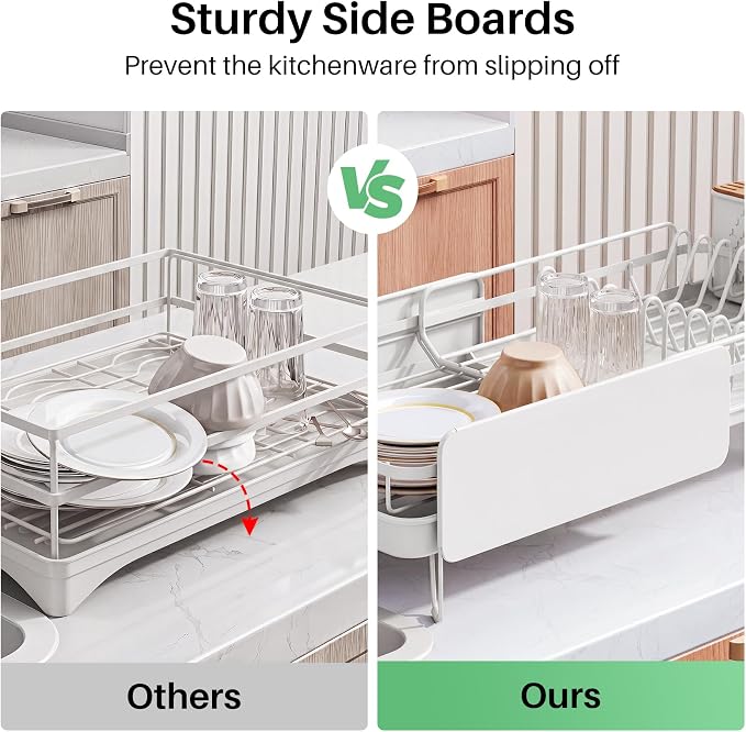 SNTD Large Dish Drying Rack for Kitchen Counter, Expandable, White | Stainless Steel Dish Drainer, Adjustable Length 18.9''-29.3'', Automatic Drainage, 360° Spout, Cutlery Holder with Knife Slot