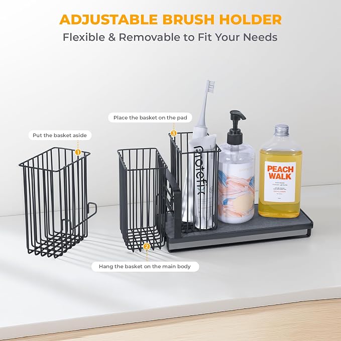 Kitchen Sink Caddy: Sponge Holder for Kitchen Sink Counter with Instant Drying Stone and High Brush Holder, Rustproof Stainless Steel Sponge Holder for Sponges, Scrubbers, Soap (Black)