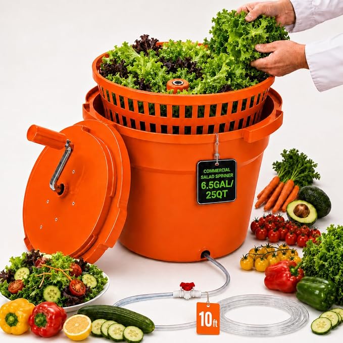Commercial Salad Spinner - 6.5 Gallon Large Capacity Lettuce Dryer | 10 Ft Drain Hose & Stop Valve, 25Qt Manual Vegetable Spinner for Restaurants, Catering and Meal Prep