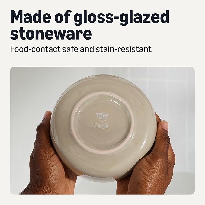 Amazon Basics Glazed Stoneware Bowls, 4-Piece Set, Microwave and Dishwasher-Safe, 5.5 in., Linen Gray