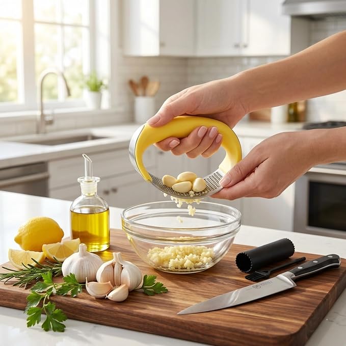 Angel's Peel Lounge Stainless Steel Garlic Press Rocker Set with Silicone Garlic Peeler & Cleaning Brush – Garlic Chopper, Mincer, Grater, Crusher – Easy for Crushed Cloves – Rust-Resistant, Yellow