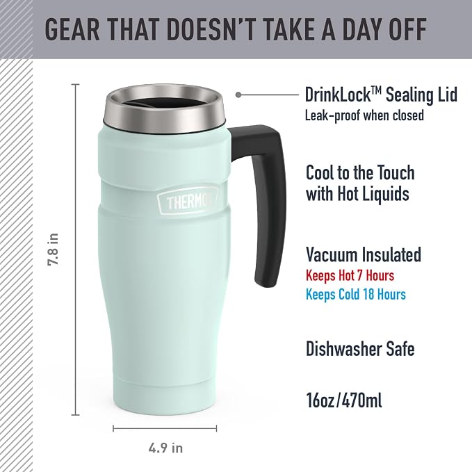 THERMOS Stainless King Travel Mug with Handle, 16oz, Matte Light Blue | Vacuum-Insulated Travel Mug with Handle for Hot & Cold Drinks, Stainless Steel Coffee Mug with Lid for Commuting