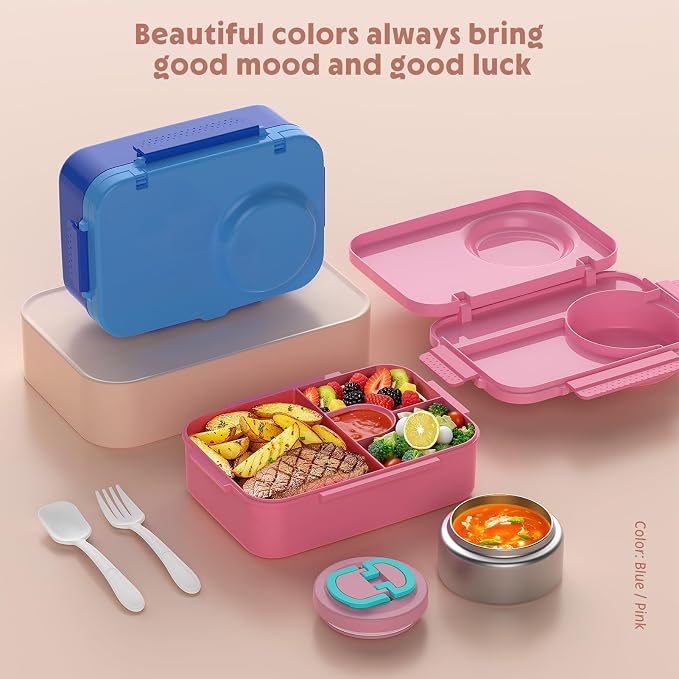 Upgraded Kids Lunch Box with Thermo for Hot Food 1400ml Child Bento Box for Kids with 5oz Small Thermo for Boys Girls with Fork Spoon Leakproof for Dining Out School Work Picnic-Pink