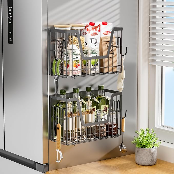 Grey Magnetic Shelf for Fridge, 2-Pack Potato and Onion Storage Bin | Magnetic Fruit Basket for Fridge, Magnetic Shelves Kitchen Pantry Organizers & Storage, Magnetic Spice Rack for Refrigerator