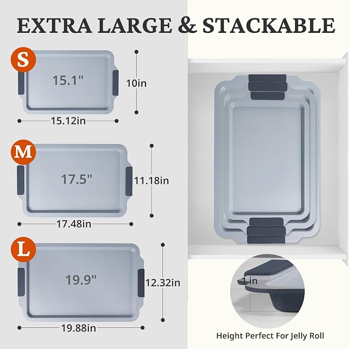 BRONYPRO Non Stick Ceramic Baking Sheet Pan Set of 3, Non Toxic Cookie Sheets (PFOA/PTFE Free), Aluminized Steel Oven Trays with Silicone Handles, Rust-Resistant, Warp-Resistant to 500°F, Blue Gray