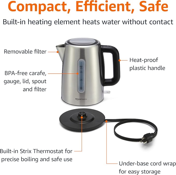 Amazon Basics Electric Stainless Steel Kettle for Tea and Coffee, BPA-Free, Fast Boiling, Auto Shut-Off, Boil-Dry Protection, 1.7 Liter, 1500W, Black and Silver