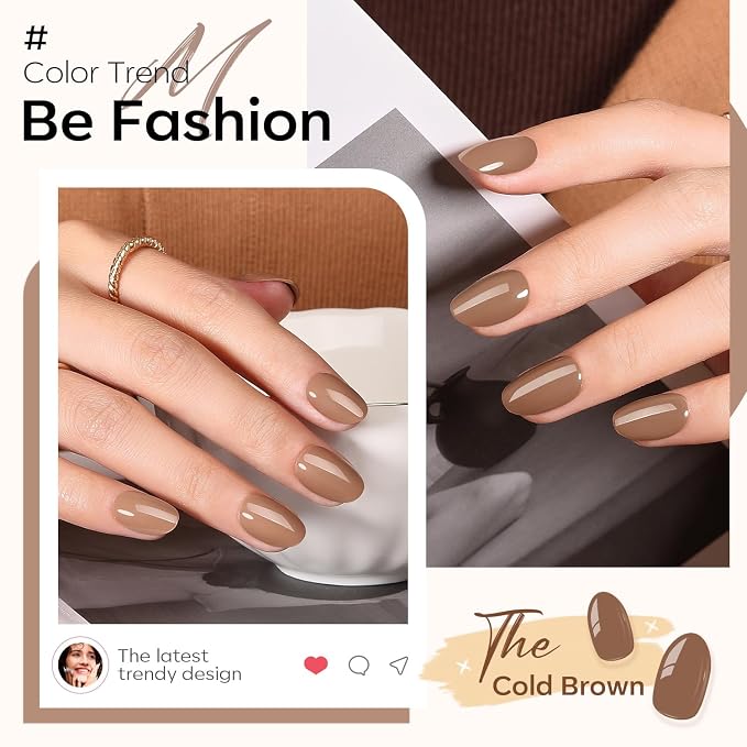 modelones Brown Press on Nails Short, Oval Fake Nails Kit Nails Press Ons | with Nail Glue, Adhesive Tabs, Nail File, Prep Pad, Manicure Stick, 32Pcs 16 Sizes