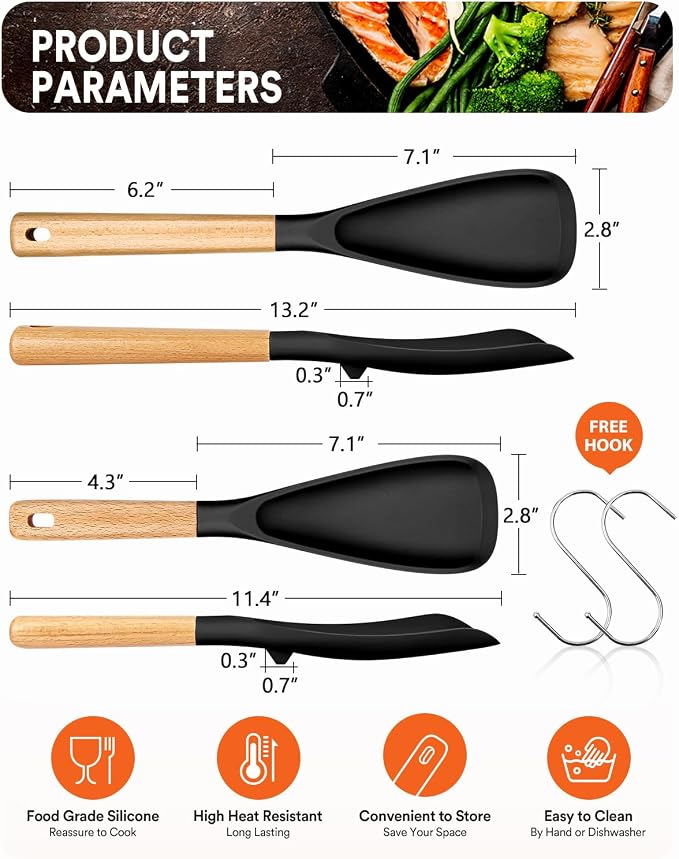 Multifunction Cooking Spoon for Nonstick Cookware,11.4"&13.4",Black | Great for Cooking and Serving, Sturdy BPA-Free Matte Silicone, Wood Handle spoonula for Mixing, Scoop, and Scrape