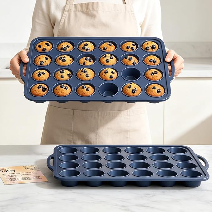 2 Pack Mini Silicone Muffin Pan with Frame, Non Stick Cupcake Baking | Silicone Cupcake Pan with Handles 24 Cup, BPA Free Silicon Muffin Tin Tray Small for Baking, Egg Bites, Cupcake Mold Grey