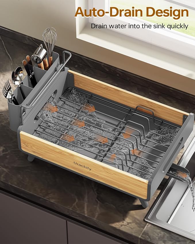 Urackify Modern Dish Rack for Kitchen Counter,Stainless Steel & Bamboo,Grey | Elegant Bamboo Accent, Large Capacity, Self-Draining Spout, Rust-Resistant, Removable Utensil Holder