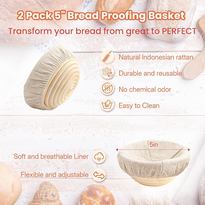 YONILL Mini Double Dutch Oven with Lid for Sourdough Bread Baking (Orange) | Enameled Cast Iron Pot with Lid, 5" Banneton Bread Proofing Basket Include, Dual Round Bread Loaf Pan for Homemade Baking