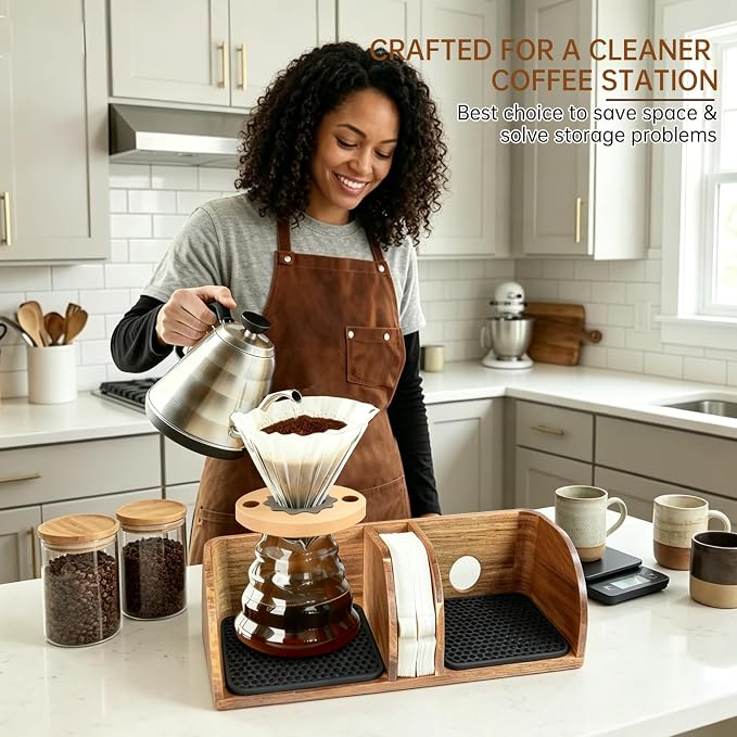 Acacia Coffee Bar Station Organizer Stand Caddy for Chemex Pour Over Maker | Coffee Paper Filter Holder for Countertop Wood Caddy Storage Organizer for Chemex Bodum Cosori Coffee Maker with silicone Pad