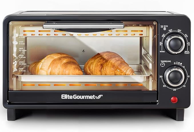 Elite Gourmet ETO490 9L/4-Slice Oven, 30-Min Timer, Adj. Temp, Black | Includes Baking Pan & Wire Rack - Bake, Broil & Toast functions for dorms and RVs - Countertop Design