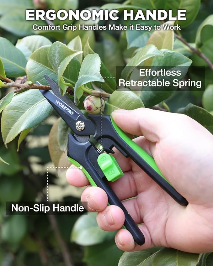 WORKPRO 6-Inch Garden Pruning Shears | High-Carbon Steel Gardening Scissors, Spring-Loaded Nonstick Pruning Shears with Safety Lock for Fruit & Vegetable Picking