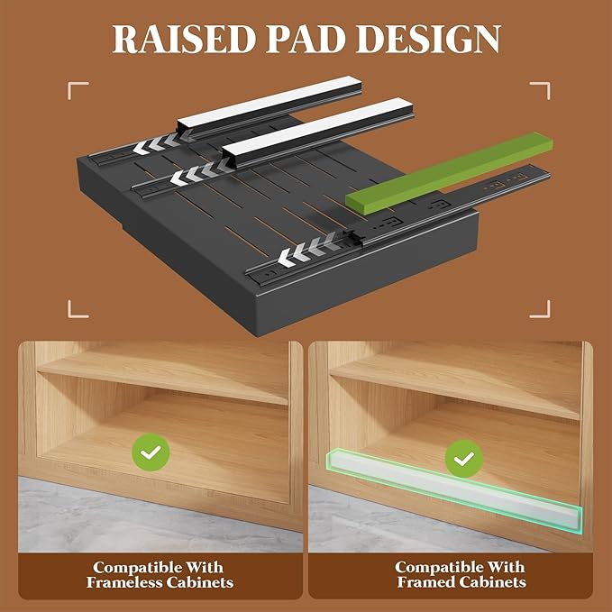Seinloes 4 Pack Expandable Pull Out Cabinet Organizer 21"Deep With Raising Pad for Framed Cabinets,Upgrade 3 Slide Rails Slide Out Drawers,No Drill Roll Out Shelves,Adjustable Width 15.1"-26.3" Black