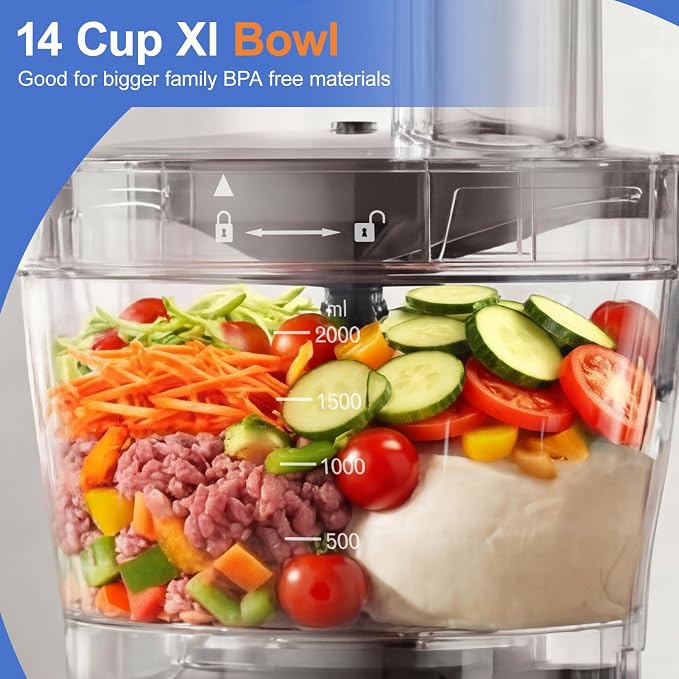 7-in-1 Professional Food Processor, 1000W Powerful Electric Vegetable Chopper, 14-Cup XL Bowl, Large Feed Chute, Cheese Shredding, Meat Chopping, Shredding and Slicing, Mixing and Doughing, Black