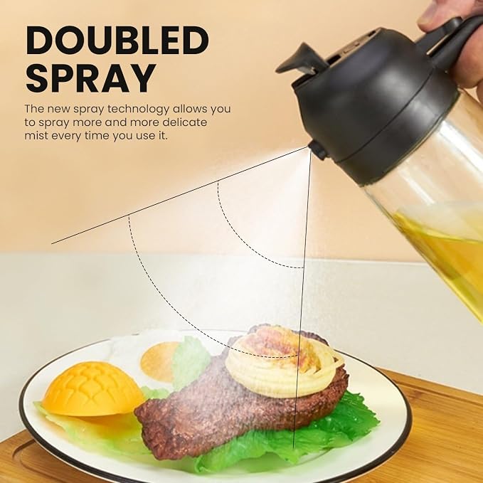 2-in-1 Cooking Oil Bottle, Glass Olive Oil Sprayer & Dispenser, Food-Safe Refillable Spritzer, Dual Function Pour and Spray Design, Leak Resistant for BBQ, Salad, Air Frying & Baking