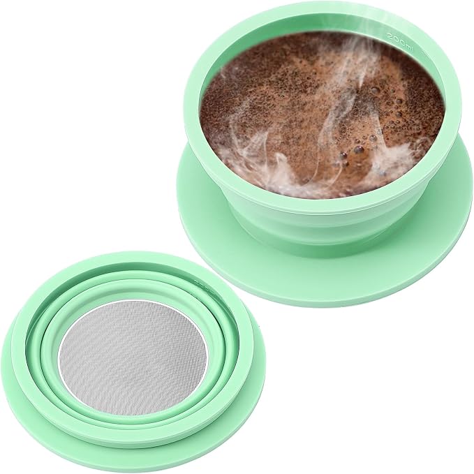 Collapsible Travel Pour Over Coffee Maker Camping, Paperless Silicone Collapsible Pour Over Coffee Dripper with Metal Coffee Filter, Portable Coffee Strainer Pour Over Cup Single Serve (Green)