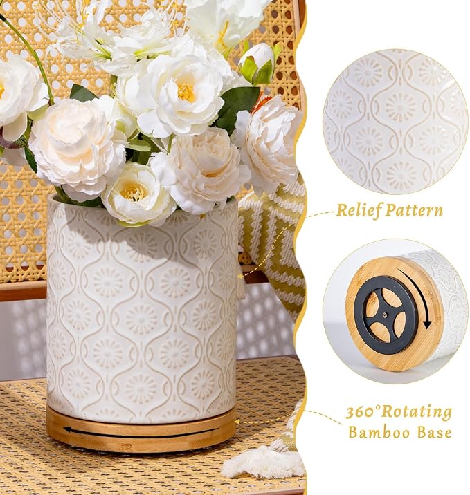 TEATALK Ceramic Utensil Holder Set, 360° Rotating Organizer for Countertop, Farmhouse Vintage Style, Large and Small Crocks in White, 7.7"+5.7"