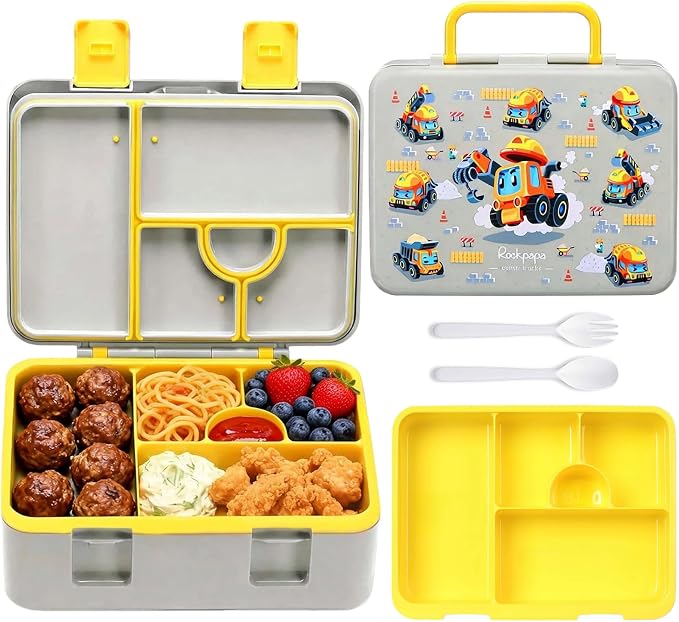 rockpapa Bento Box for Kids - Large 5.5 Cups Lunch Box with Utensils - 5 Compartments, BPA-Free, Leak Proof, Portable Handle for Boys Girls, Microwave/Dishwasher Safe (Grey Constr Trucks)