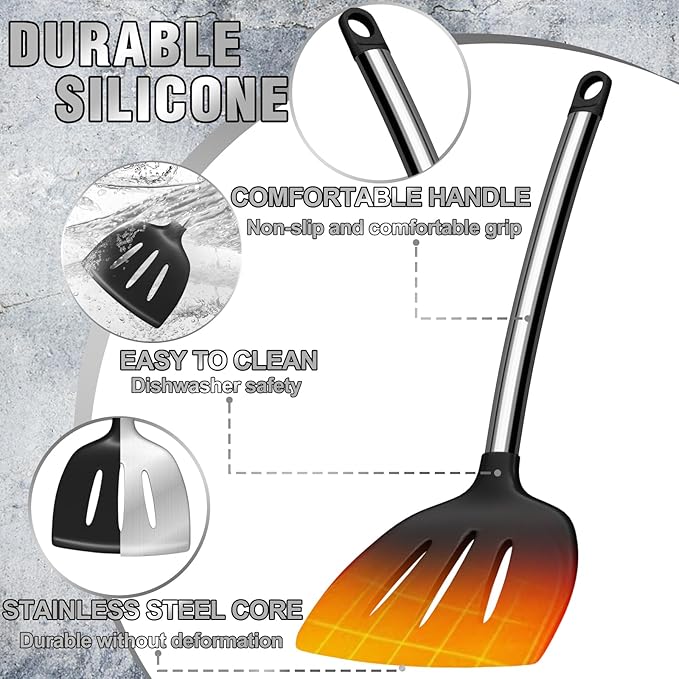 Umite Chef Thickened Kitchen Utensils Set- Silicone Cooking Utensils Set for Nonstick Cookware-Silicone Spatulas Set, Heavy Duty Stainless Steel Handle-Black Kitchen Gadgets Tools Set